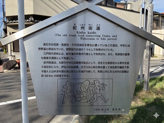 大阪府高石市羽衣にある「紀州街道」の歴史を解説した金属製の案内板。上部には家型の屋根があり、下部には江戸時代の籠（かご）かきのイラストが描かれている。