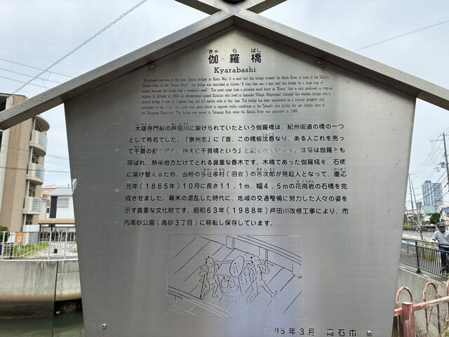 alt="高石市にある紀州街道の歴史を伝える「伽羅橋（きゃらばし）」の案内看板"
