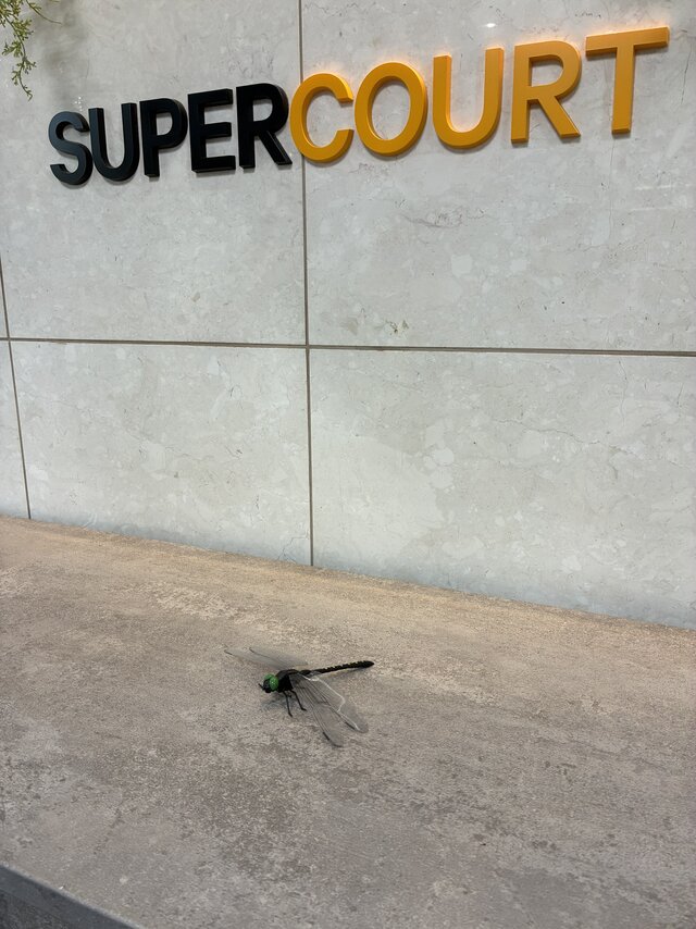 有料老人ホーム「スーパーコート高石羽衣」の玄関。SUPERCOURTの壁面ロゴの下、グレーの受付カウンターの上に置かれた虫除け用のオニヤンマの模型。