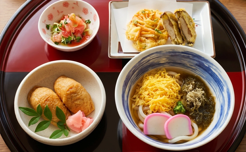 お揚げが自慢のいなり寿司と、お出汁香るおうどん