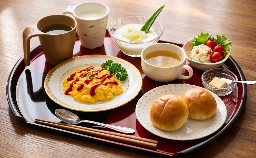 ふわとろ卵と新鮮野菜の色彩豊かな朝食