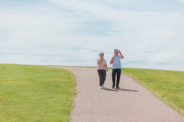 笑顔で散歩する高齢の夫婦