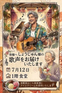 【東大阪高井田】心に響く弾き語りとひんやりスイーツ♪7月12日（日）「しゅうじゅんさんライブ＆アイスクリーム提供」開催