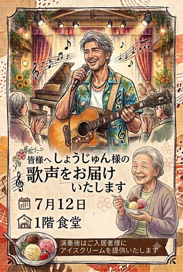 【東大阪高井田】心に響く弾き語りとひんやりスイーツ♪7月12日（日）「しゅうじゅんさんライブ＆アイスクリーム提供」開催