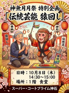 【スーパー・コートプライム神石】10月8日（木）神無月月祭 特別企画「伝統芸能 猿回し」開催
