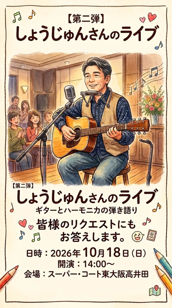 【スーパー・コート東大阪高井田】ギターとハーモニカの弾き語り！「【第二弾】しょうじゅんさんのライブ」開催
